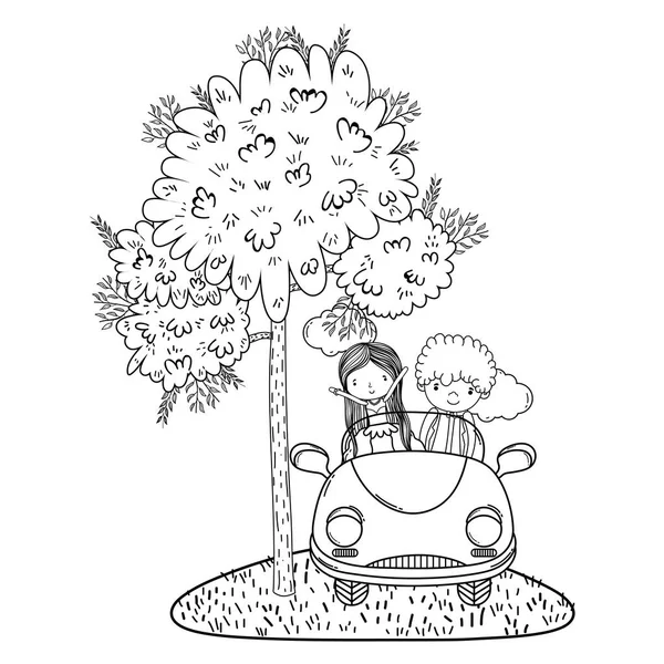 Hochzeitspaar Hochzeit Auf Oldtimer Wald Niedlich Cartoon Vektor Illustration Grafik — Stockvektor