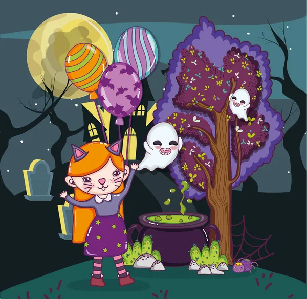 Noche Celebración Halloween Con Chica Gato Traje Dibujos Animados Vector — Vector de stock