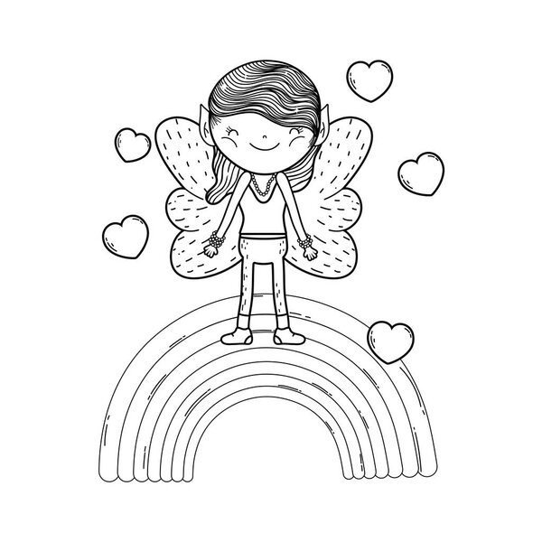 Милая маленькая фея с дизайном векторной иллюстрации радуги и сердца
