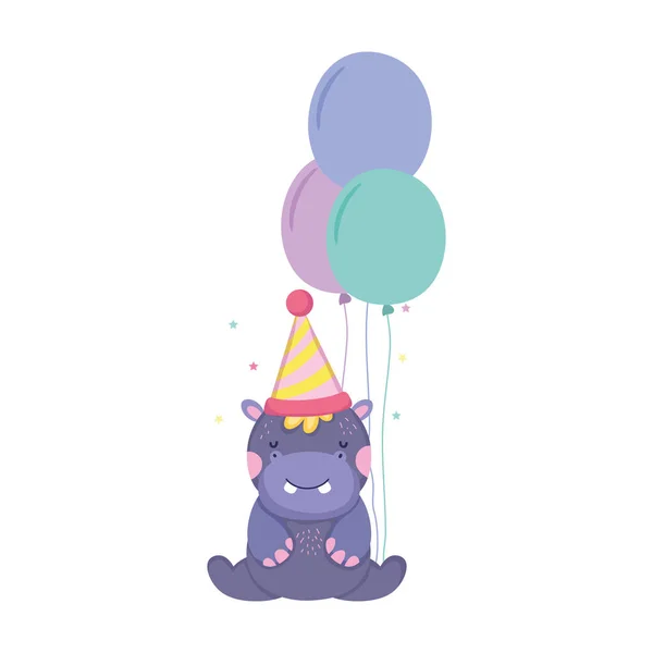 Bonito Pouco Hipopótamo Com Chapéu Festa Balões Ilustração Vetor — Vetor de Stock