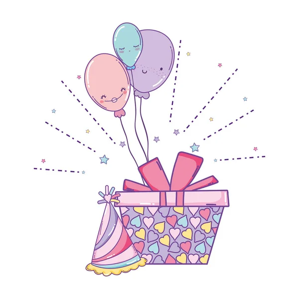 生日快乐礼品盒和帽子与气球动画片向量例证图设计 — 图库矢量图片