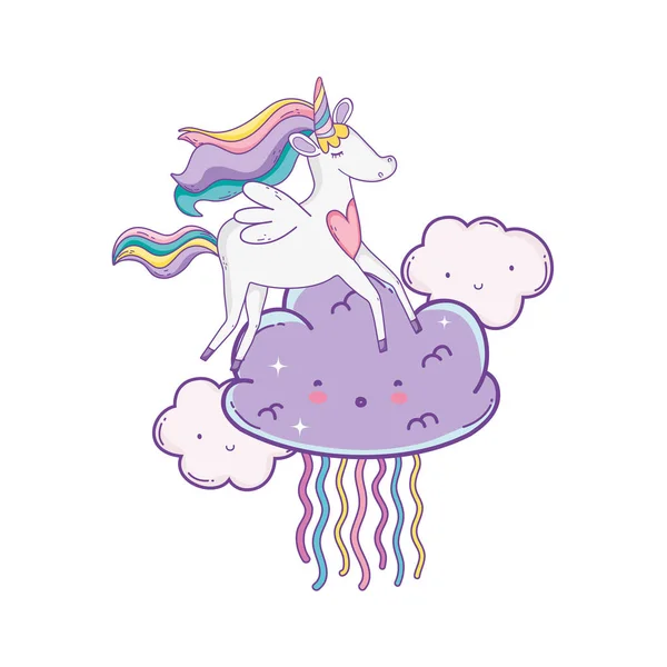 Unicornio Volando Sobre Nubes Lluvia Lindos Dibujos Animados Vector Ilustración — Archivo Imágenes Vectoriales