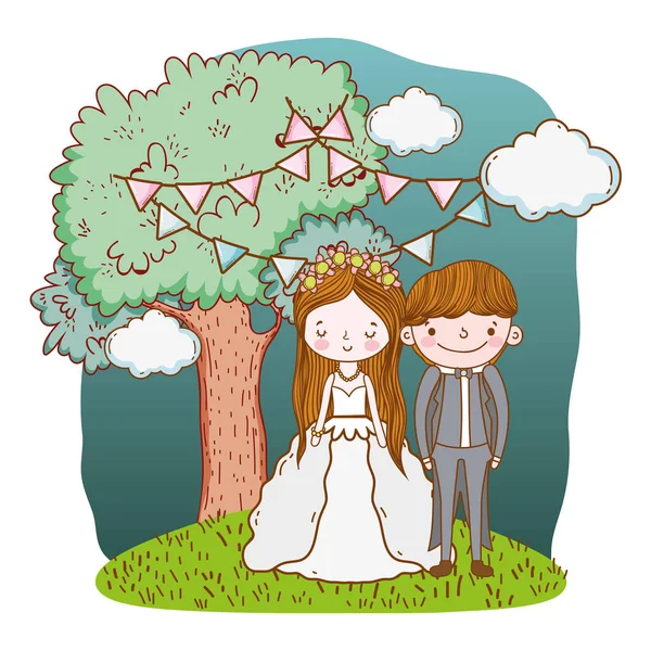 Пара Свадьба Природе Милые Мультяшные Векторные Иллюстрации Графический Дизайн — стоковый вектор