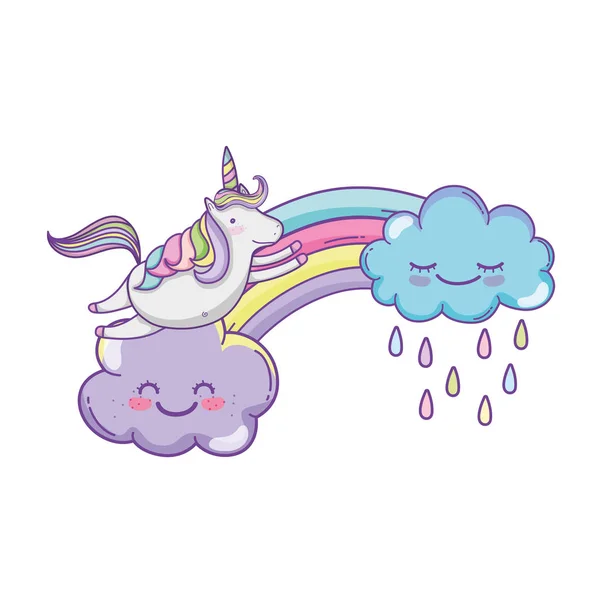 Unicornio Volando Sobre Nubes Arco Iris Lindo Dibujos Animados Vector — Archivo Imágenes Vectoriales