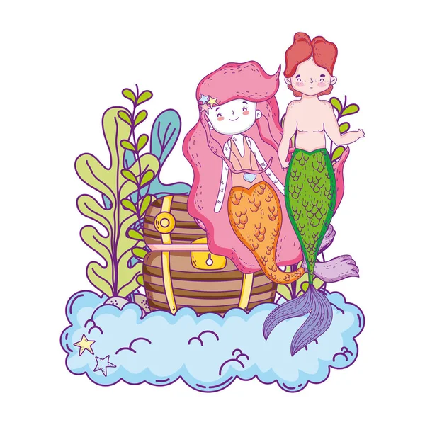 Couple Mermaids Treasure Chest Undersea Vector Illustration Design — Stock Vector