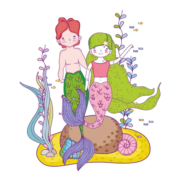 夫妇美人鱼海底场景矢量插图设计 — 图库矢量图片