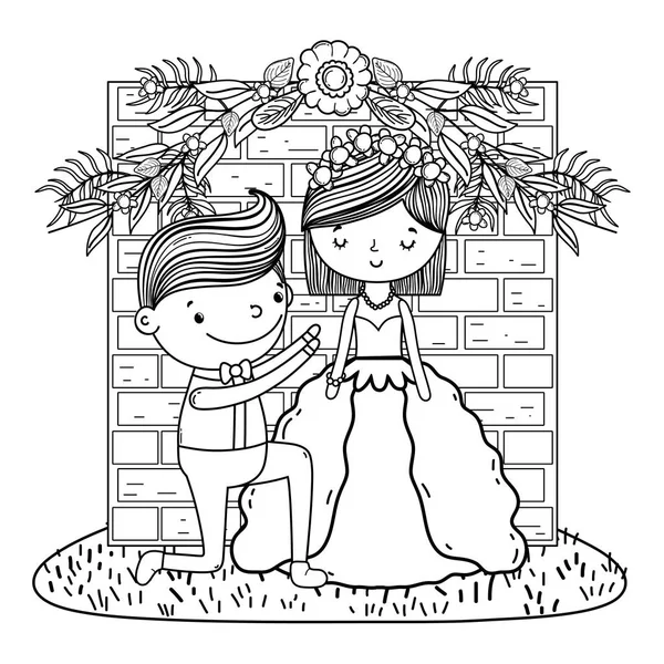 Couple Wedding Bricks Wall Cute Cartoon Vector Illustration Graphic Design — Stock Vector