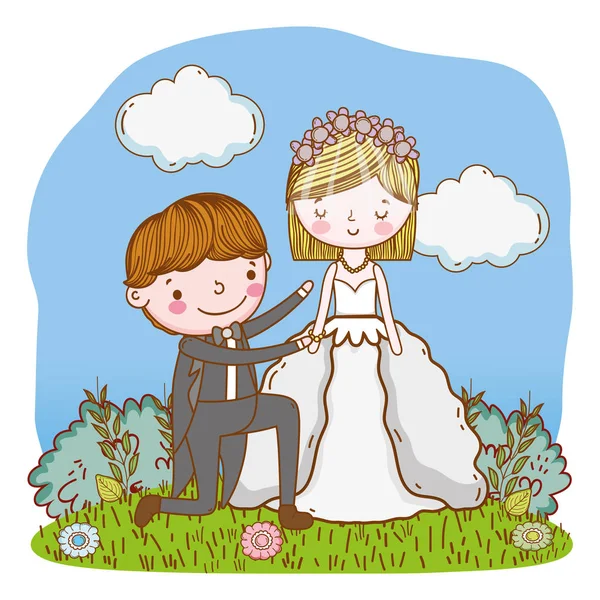 Paar Hochzeit Auf Natur Landschaft Niedlich Cartoon Vektor Illustration Grafik — Stockvektor