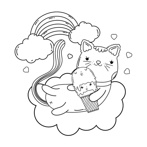 虹ベクトル イラスト デザインでアイスクリームとかわいい猫 — ストックベクタ