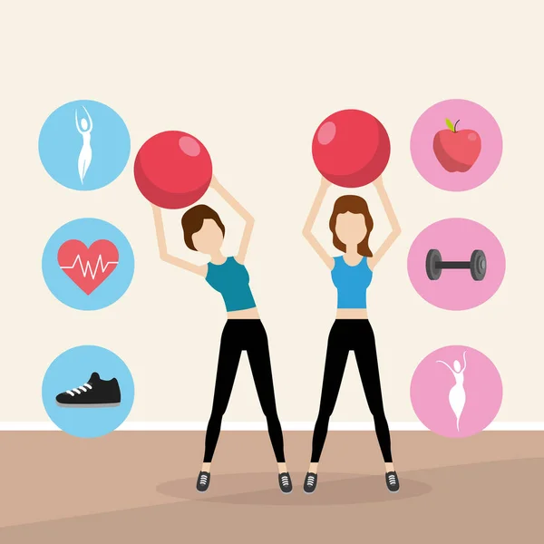 Young Women Stretching Exercise Ball Icons Cartoon — Stock Vector