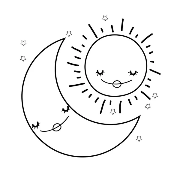 Luna Sole Sorridente Carino Cartoni Animati Vettoriale Illustrazione Grafica — Vettoriale Stock