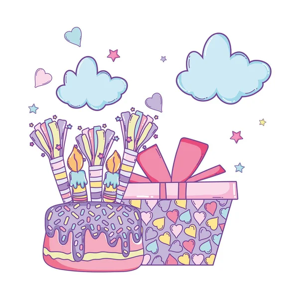 快乐的生日蛋糕和礼品盒和云彩与星动画片向量例证图设计 — 图库矢量图片