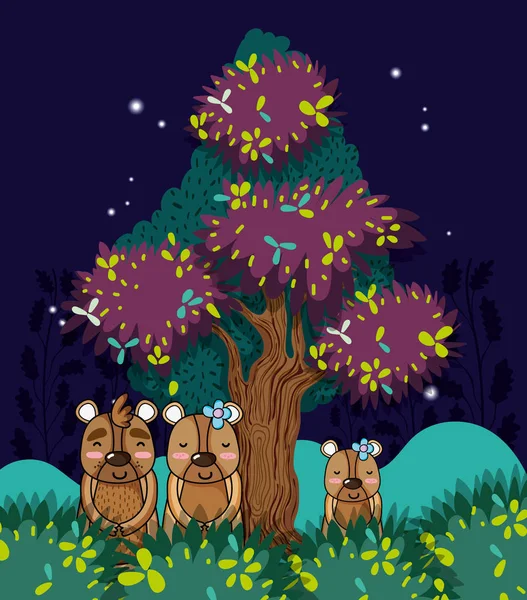 Lindos Osos Familia Selva Noche Dibujos Animados Vector Ilustración Diseño — Vector de stock