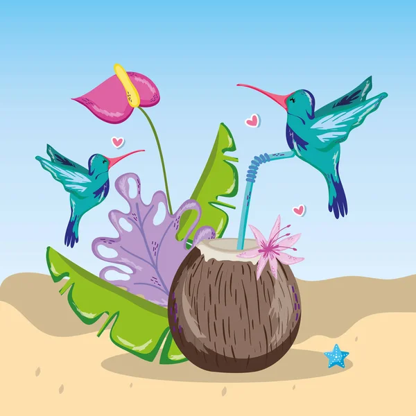 Spiaggia Tropicale Scenario Tema Con Uccello Elementi Vettoriale Illustrazione Grafica — Vettoriale Stock