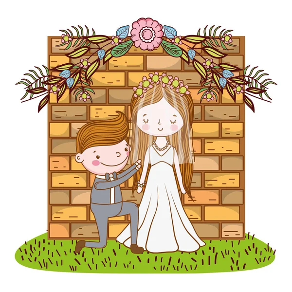 Pár Svatební Roztomilý Kreslený Nad Cihly Vchod Vektorové Ilustrace Grafický — Stockový vektor