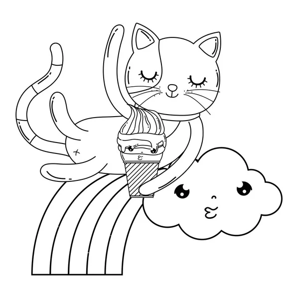 Χαριτωμένο Γάτα Παγωτό Στο Σχεδιασμό Εικονογράφηση Διάνυσμα Ουράνιο Τόξο — Διανυσματικό Αρχείο
