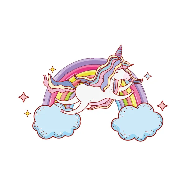 Lindo Unicornio Con Nubes Arco Iris Vector Diseño Ilustración — Archivo Imágenes Vectoriales