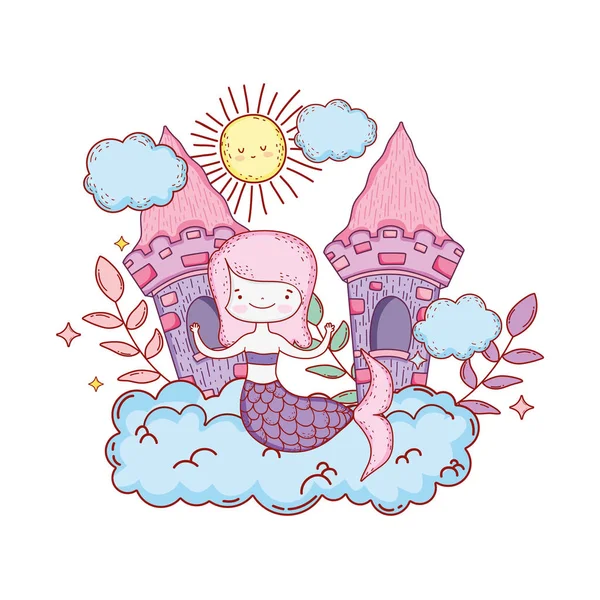 Mignon Sirène Avec Château Nuage Vectoriel Illustration Design — Image vectorielle