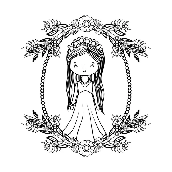 Braut Hochzeit Niedlich Mit Kleid Cartoon Auf Kranz Vektor Illustration — Stockvektor