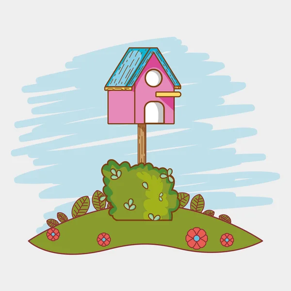 Bird Wooden House Nature Cartoon Vector Illustration Graphic Design — Stock Vector