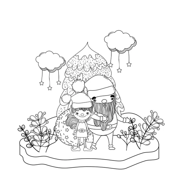 Santa Claus Com Árvore Ajudante Ilustração Vetor Snowscape —  Vetores de Stock