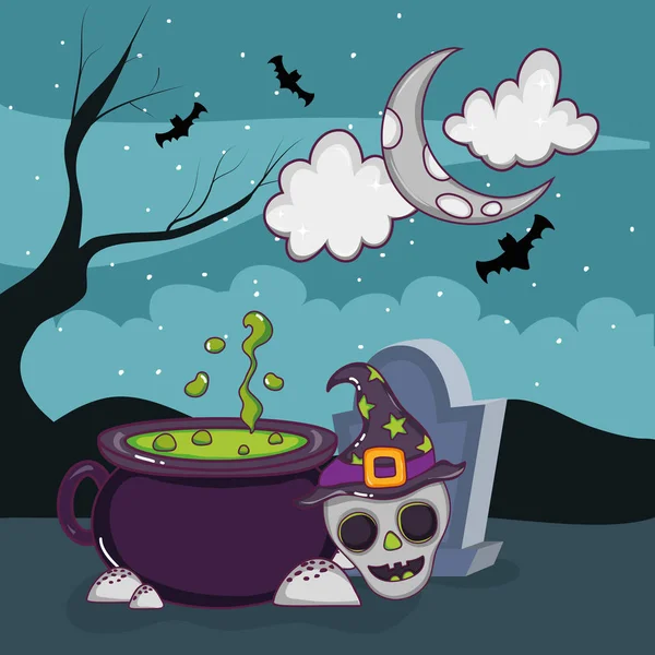 Halloween Miedo Dibujos Animados Paisaje Nocturno Vector Ilustración Diseño Gráfico — Vector de stock