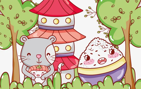 Kedi ve Japon yemekleri şirin kawaii çizgi film