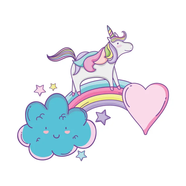 Carino Unicorno Volare Nuvola Con Arcobaleno Fumetto Vettoriale Illustrazione Grafica — Vettoriale Stock