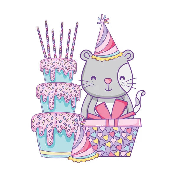Happy birthday cat with cake giftbox and hat cartoon vector illustration graphic design — Stock Illustration Happy Birthday Cat Cake Giftbox Hat Cartoon Vector Illustration Graphic Stock Illustration