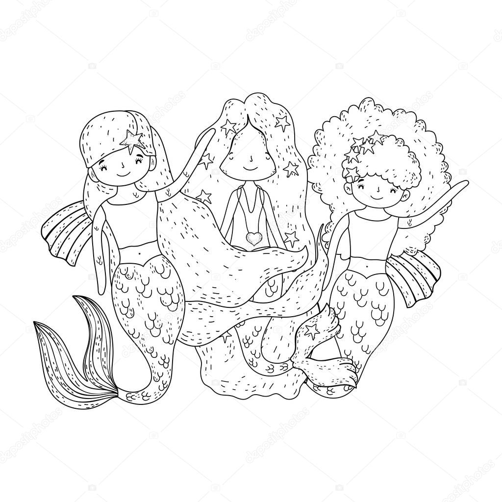 cute mermaids fairy tales characters vector illustration design