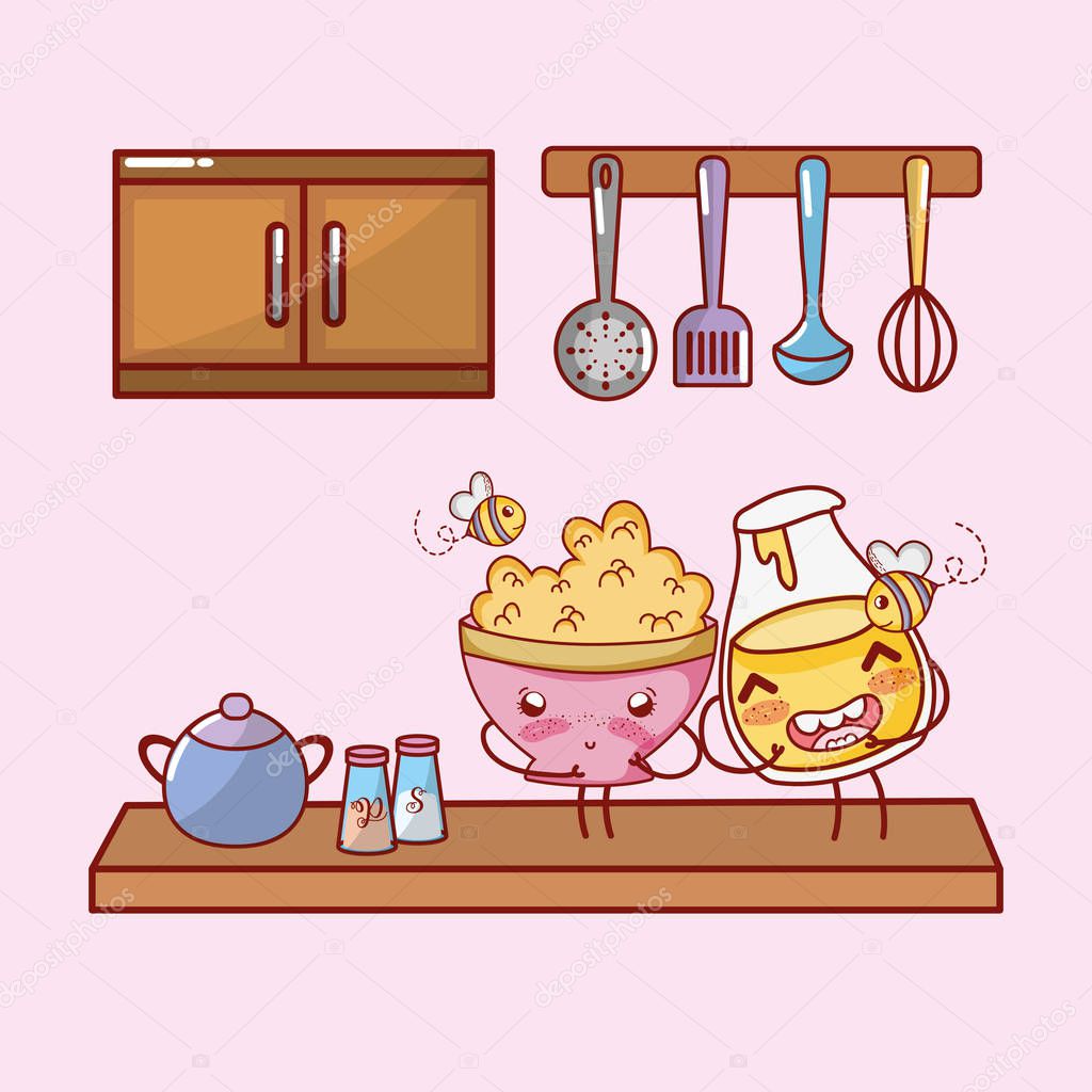 kitchen shelf kitchenware and ingredients icons cartoon kawaii cute cartoon