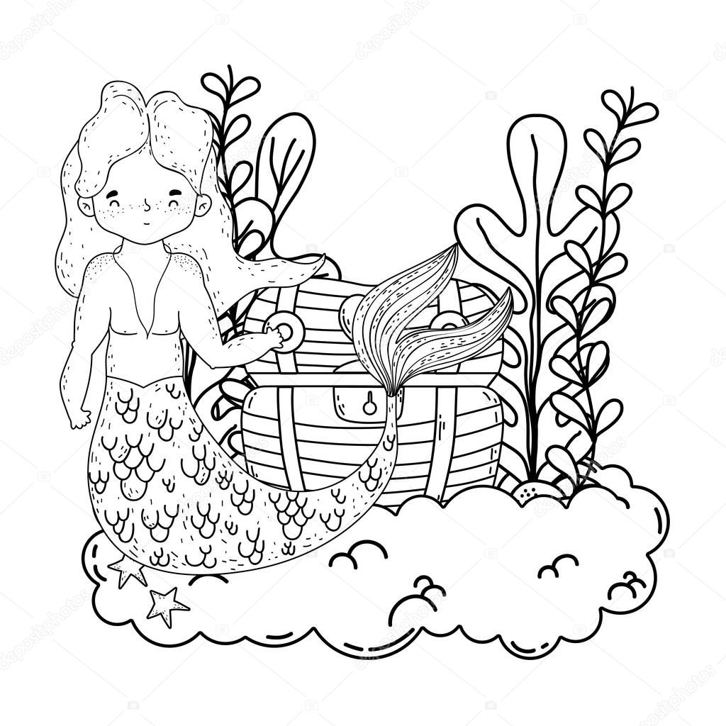 male mermaid with treasure chest undersea scene vector illustration