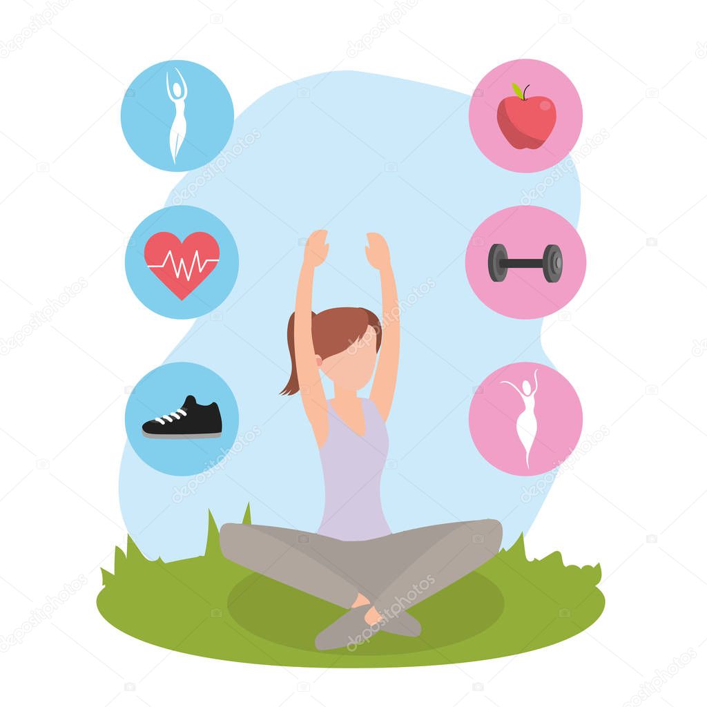 young woman doing yoga pose sitting outdoors with icons cartoon vector illustration graphic design