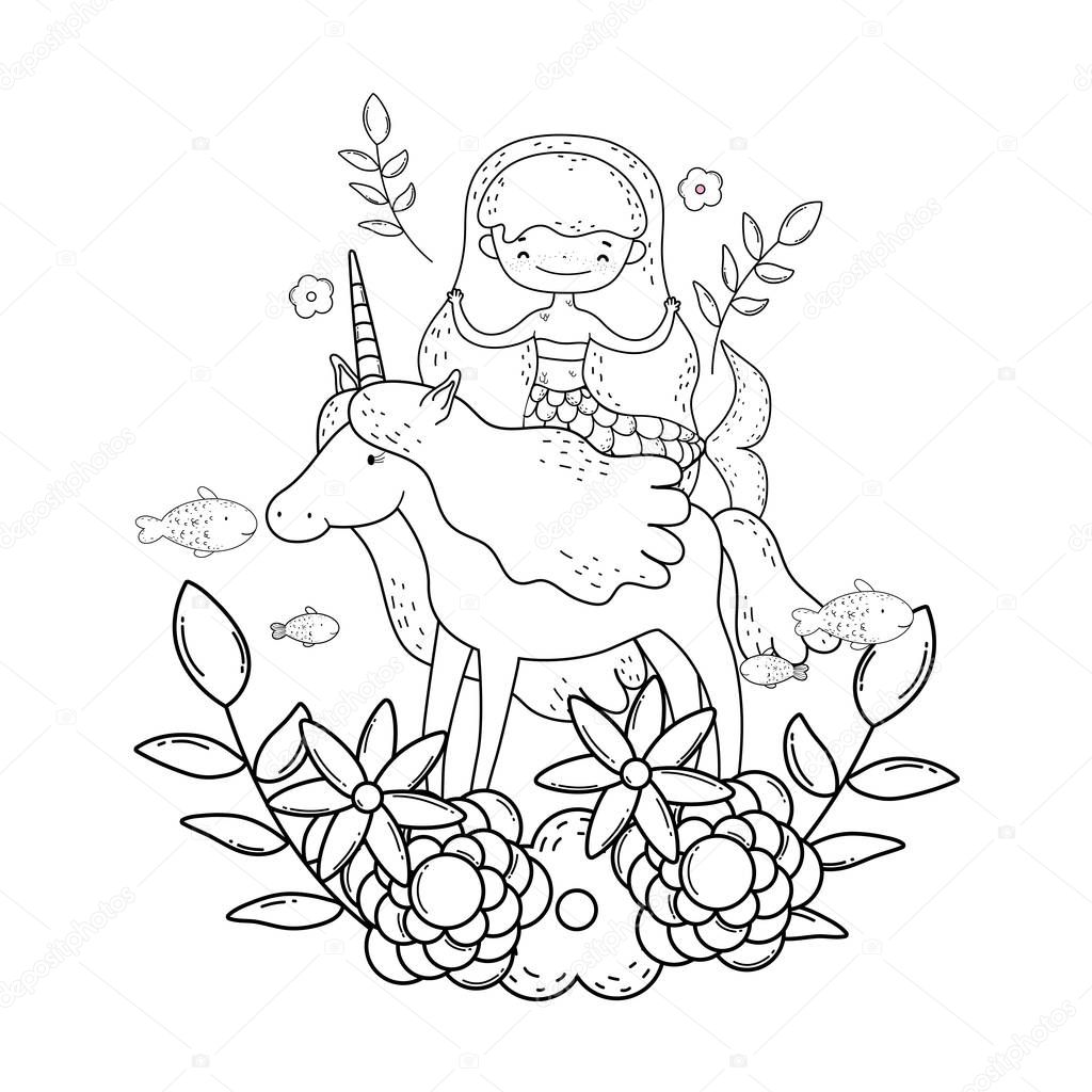 cute mermaid with unicorn and floral decoration vector illustration