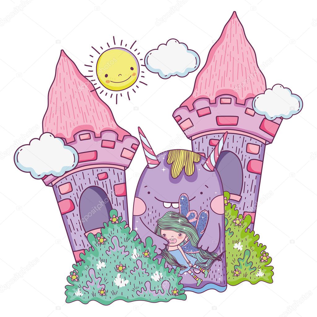 little fairy with monster in the castle vector illustration design