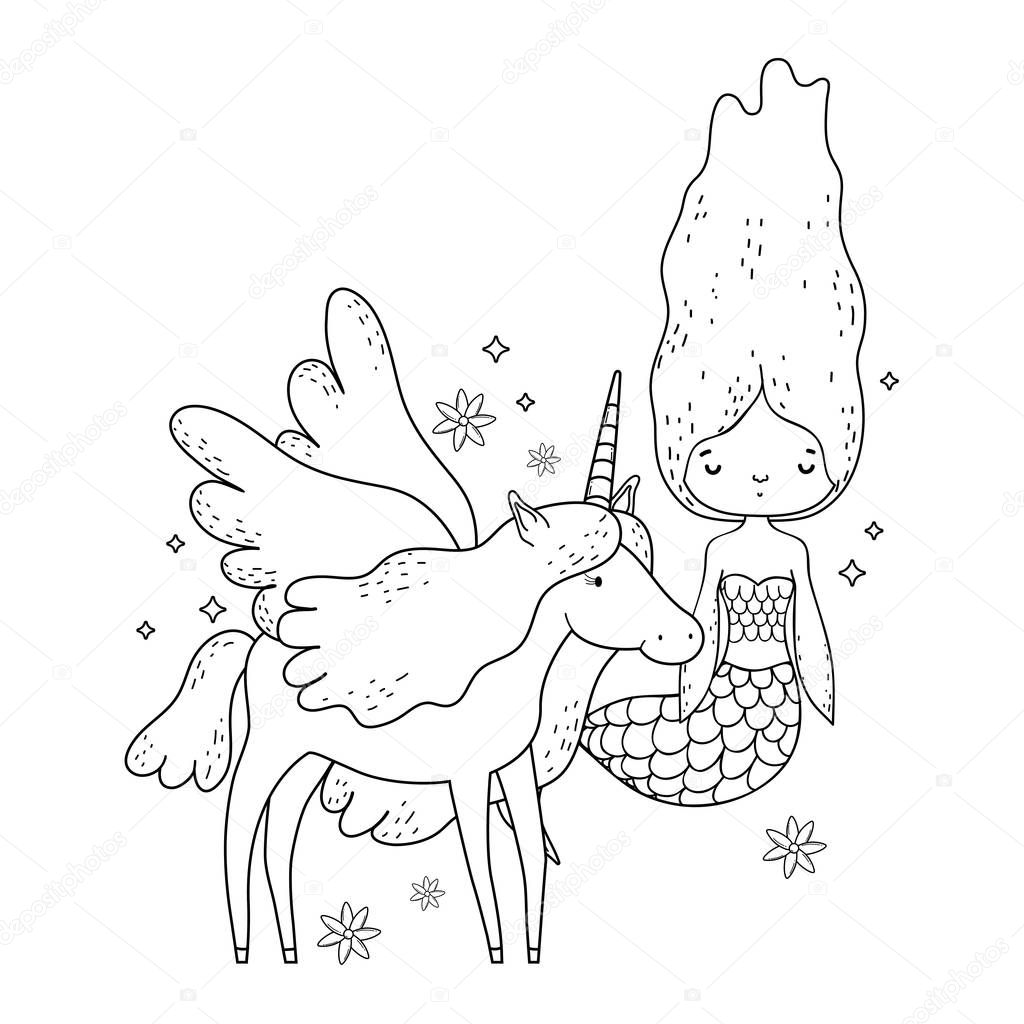 cute mermaid with unicorn characters vector illustration design