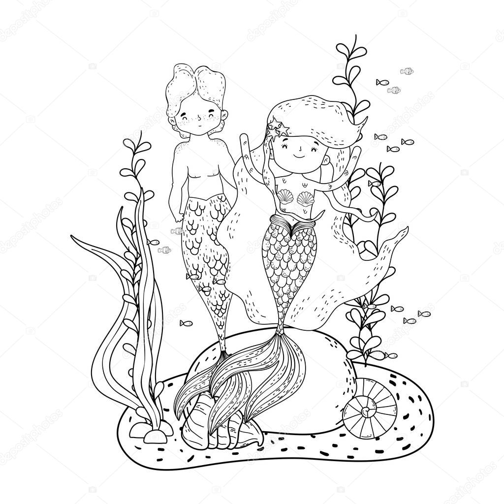 couple mermaids undersea scene vector illustration design