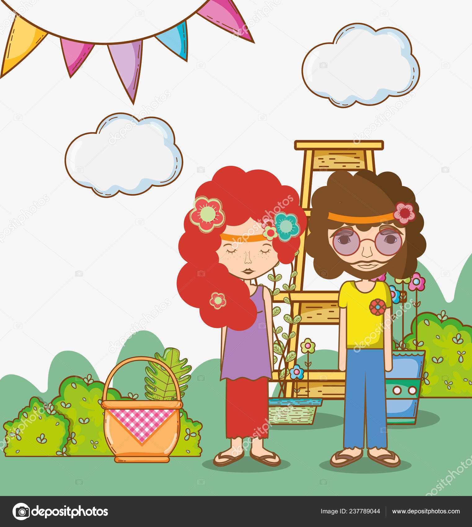 自然の平和と愛の漫画でヒッピーのカップル ベクトル イラスト 自然の平和と愛の漫画でヒッピーのカップル ベクトル イラスト