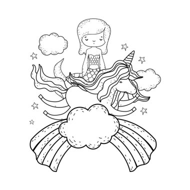 tek boynuzlu at ve bulutlar gökkuşağı deniz kızı vektör çizim tasarım