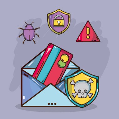 Güvenlik sistemi sembolleri ve teknoloji öğeleri çizgi film illüstrasyon grafik tasarım vektör