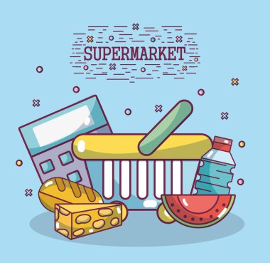 Gıda ürünleri ve süpermarkette alışveriş illüstrasyon grafik tasarım vektör