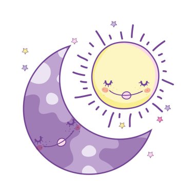 Ay ve güneş sevimli çizgi film gülümseyen illüstrasyon grafik tasarım vektör