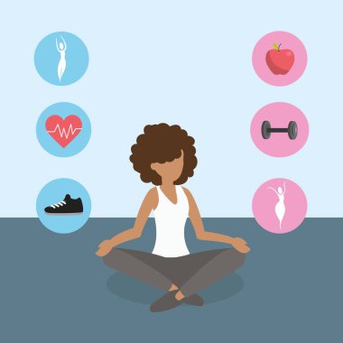Genç kadın egzersiz minderi ve simgeler karikatür pozuyla yoga yapıyor