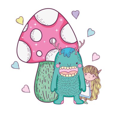 vektör çizim tasarım peri ve canavar mantar ve kalpleri ile