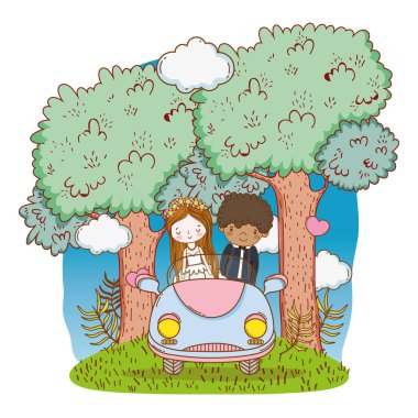 Düğün Çift Doğa karikatürler vektör çizim grafik tasarım, eski model araba üzerinde