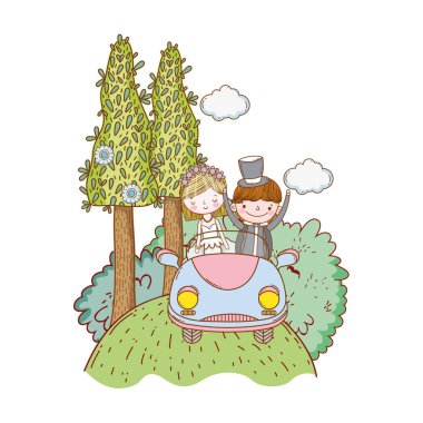 Doğa sevimli çizgi vektör çizim grafik tasarım, eski model araba çift evlilik düğün