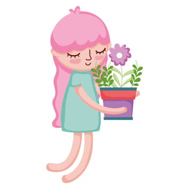küçük kız houseplant vektör çizim tasarım kaldırma