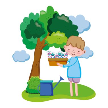 Çocuk houseplant sulama peyzaj vektör çizim ile kaldırma