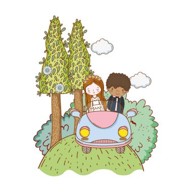 Doğa sevimli çizgi vektör çizim grafik tasarım, eski model araba çift evlilik düğün