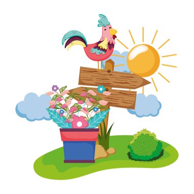 horoz ve houseplant Bahçe vektör tasarım ahşap ok